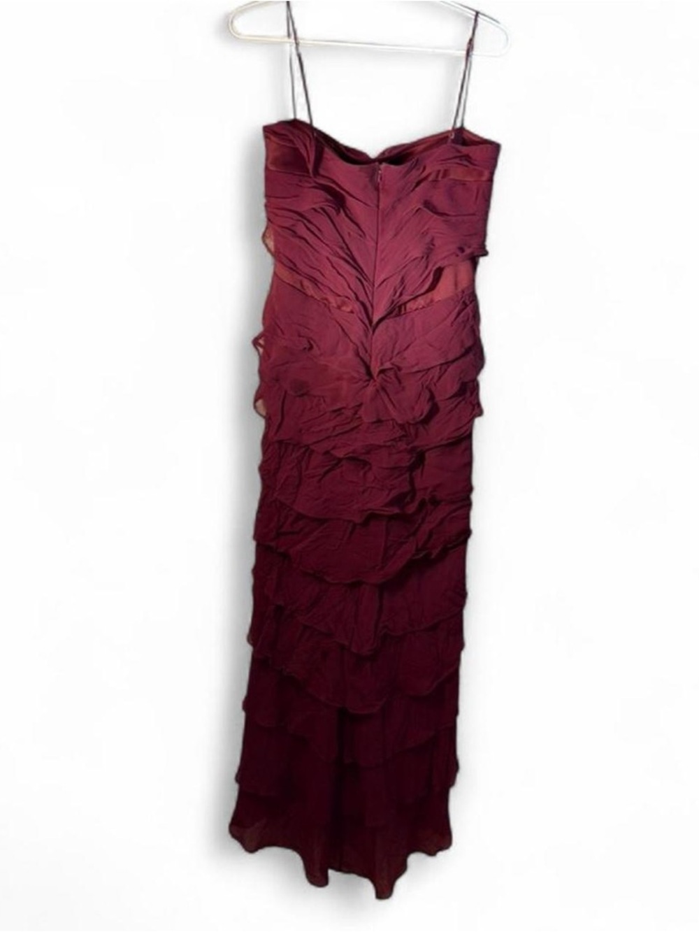 Tadashi Shoji Burgundy Ruffled Maxi Dress with Spaghetti Straps - Picture 2 of 9